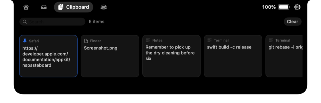 The FunNotch panel open on the Clipboard tab, showing five saved clippings from Safari, Finder, Notes and Terminal, with a search field and a pinned item.